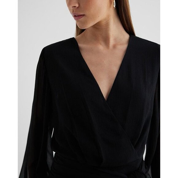 Express Women's Tie Waist Top Size XS Black V-Neck Faux Wrap Sheer Sleeve NWT$54 - Picture 2 of 16